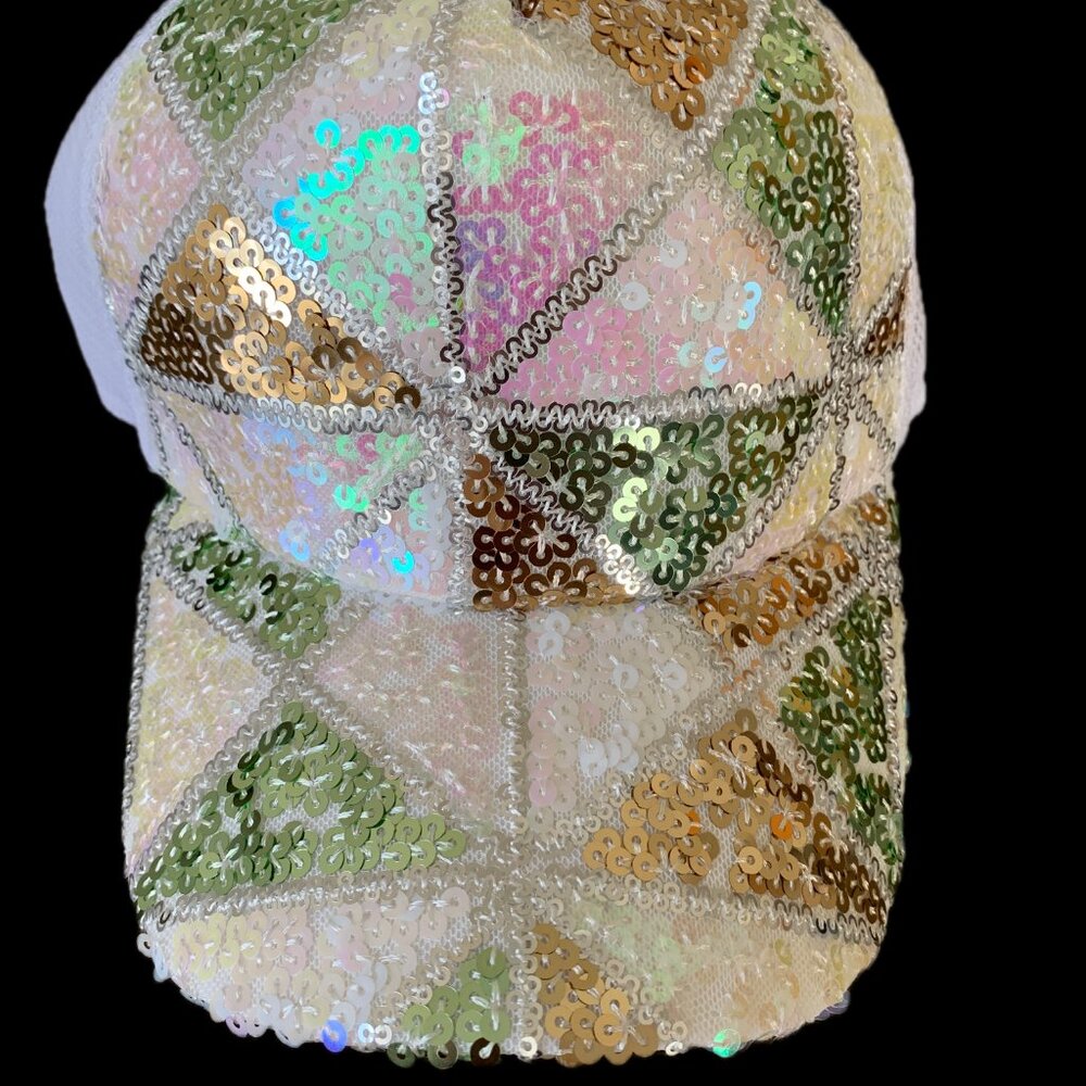 Womens Fashion Stage Style Sequin Gradient Buckle Mesh Adjustable Cap WHITE